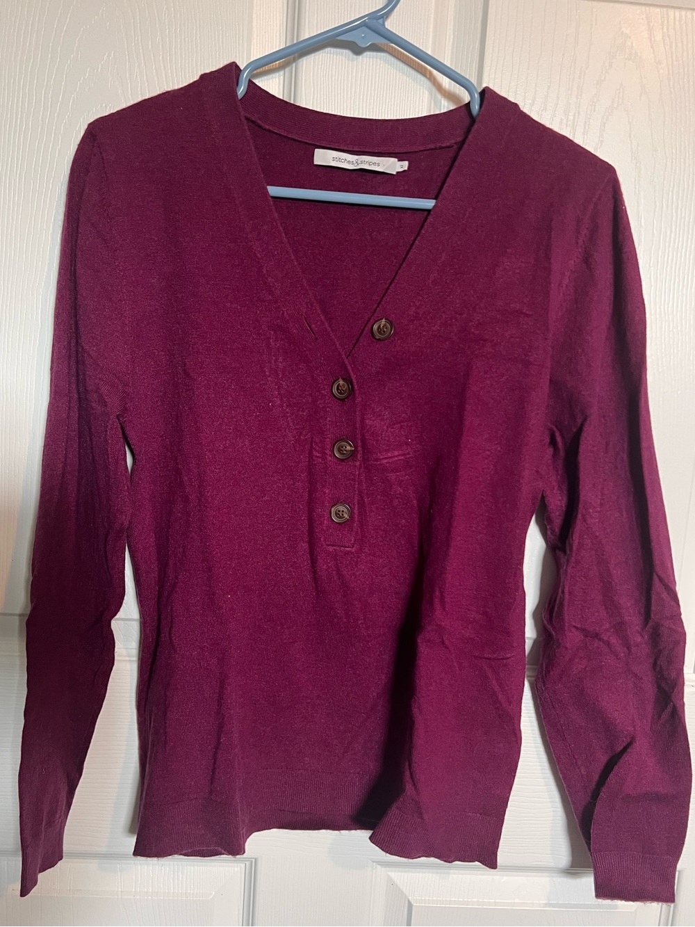 Stitches & Stripes Burgundy Henley V-Neck Long Sleeve Top